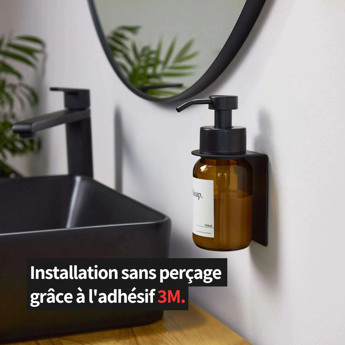 Dispensador de jabón de pared, sin taladros, color negro